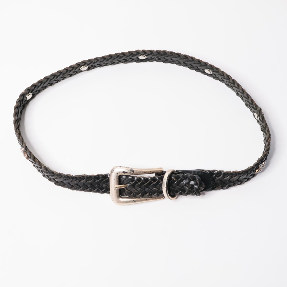 VTG Fossil Womens Black Braided Leather Belt Studded Floral Small Boho SEE